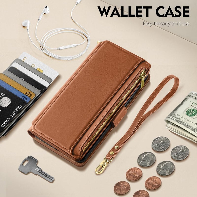 Antsturdy Compatible with iPhone 16 Pro Max Wallet Case,RFID Blocking PU Leather Phone Case Women Men Kickstand flip Cover Wrist Strap Zipper Credit Card Holder Slots for Apple 16 ProMax,Light Brown - Image 3